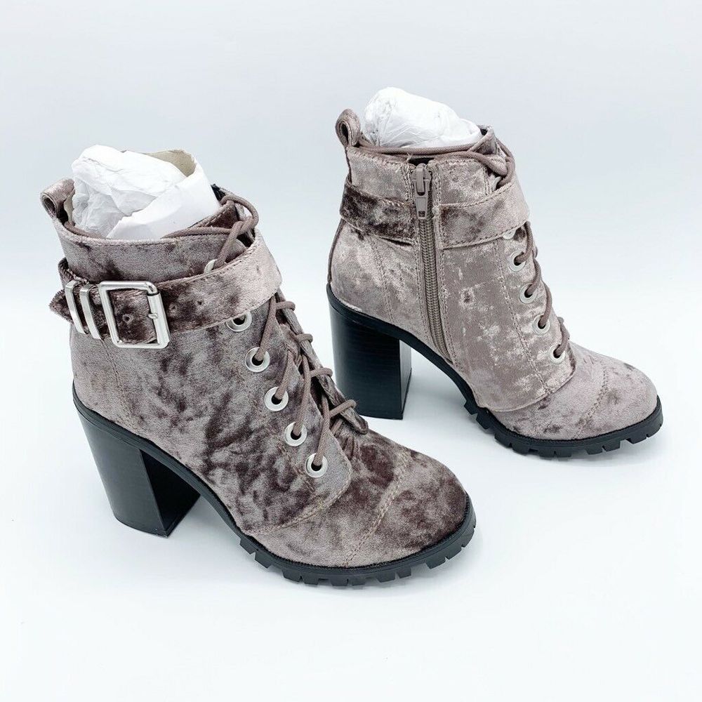 Qupid Velvet Ankle Boots Block Heel Lace Up Buckle - Picture 4 of 8